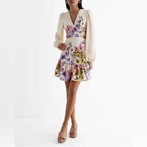 Floral V-neck, long, puff sleeve, cut out mini dress